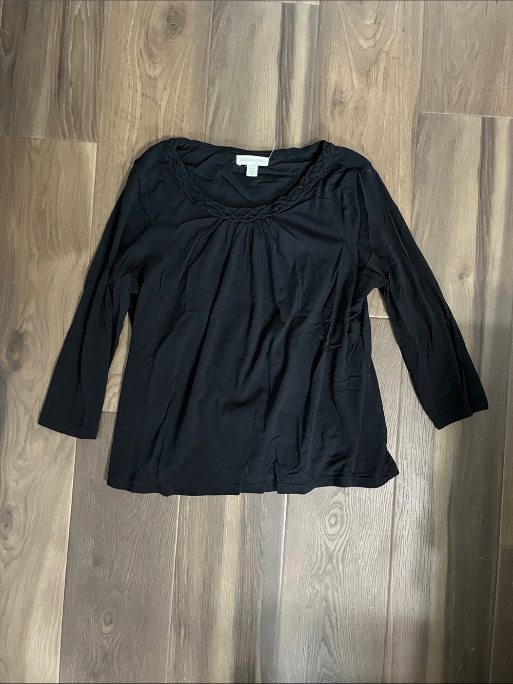 Coldwater Creek Black Braided Scoop-Neck Long Sleeve Tee